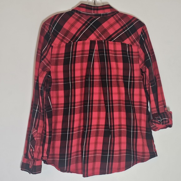 Time and Tru Flannel Shirt Womens Large Red Black Plaid Pocket Cotton Roll Tab L - Picture 10 of 13